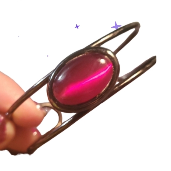 90s black gunmetal cuff ,glass faux tiger Eye or pearly hot pink stone - Picture 1 of 4